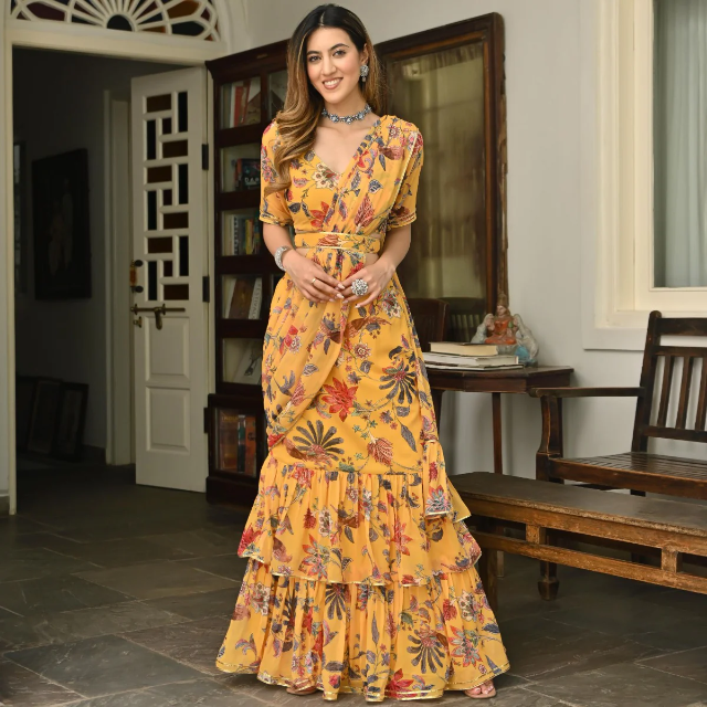 YELLOW PRINTED RUFFLE SAREE