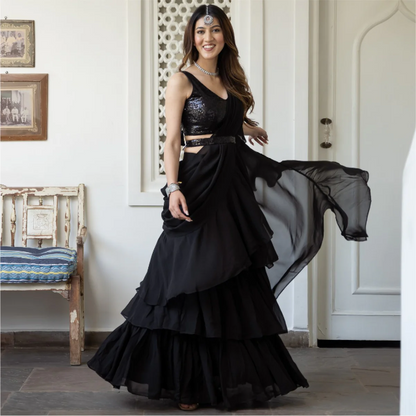 BLACK GEORGETTE SAREE WITH STITCHED BLOUSE