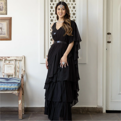 BLACK GEORGETTE SAREE WITH STITCHED BLOUSE