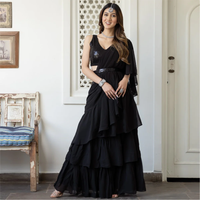 BLACK GEORGETTE SAREE WITH STITCHED BLOUSE