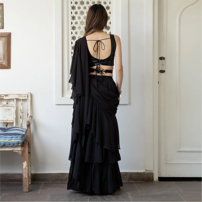 BLACK GEORGETTE SAREE WITH STITCHED BLOUSE