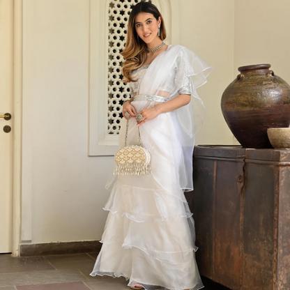 WHITE ORGANZA RUFFLE SAREE