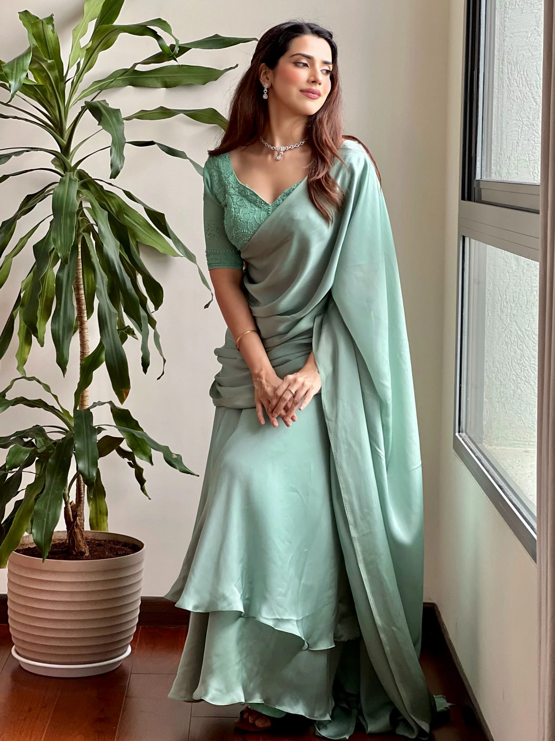 Elsa Chikankari Satin Lehenga Saree