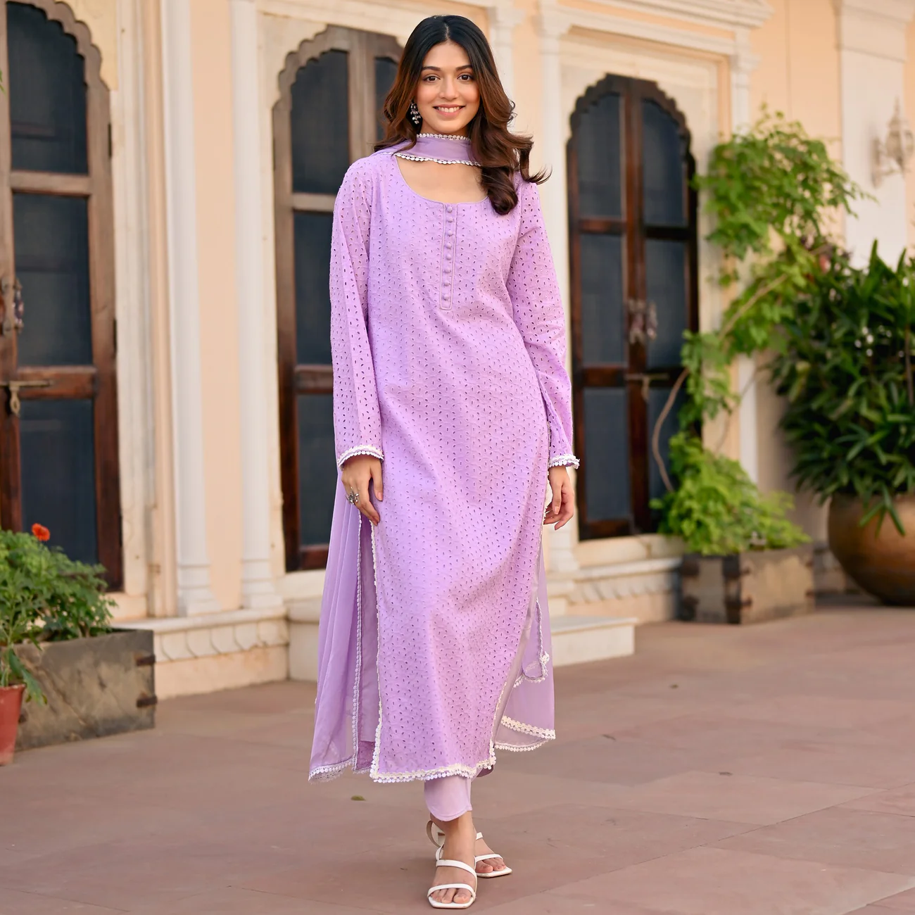 Lavender Blossom Schiffli Kurta Set