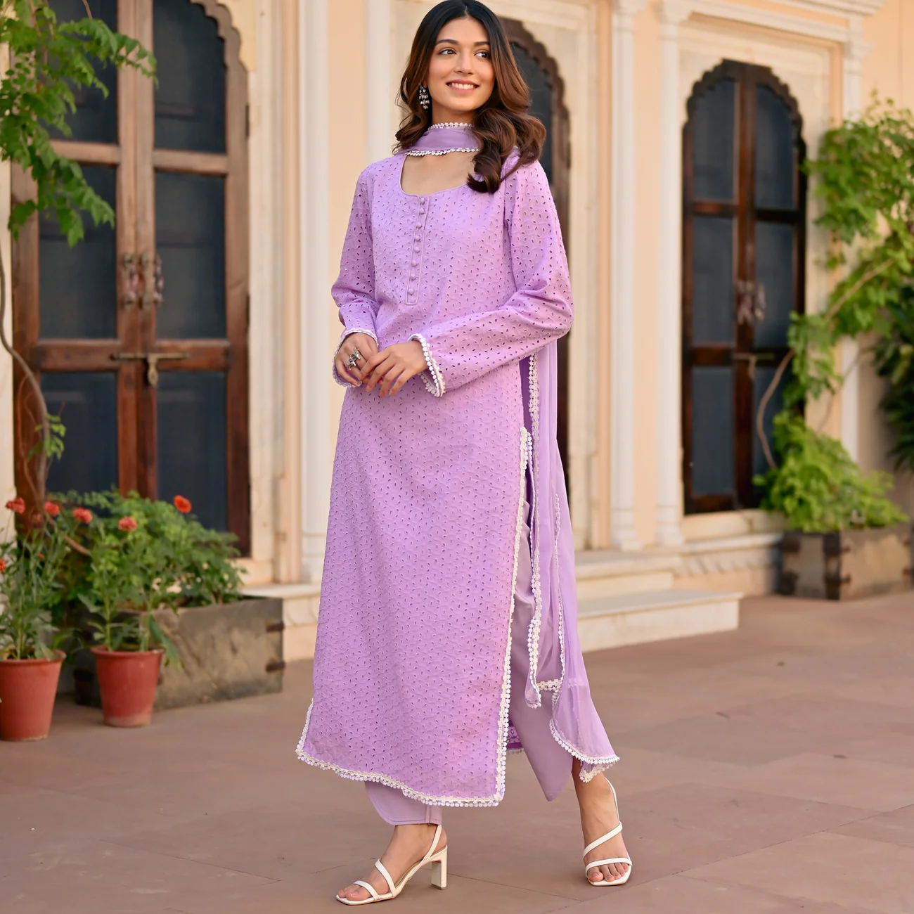 Lavender Blossom Schiffli Kurta Set