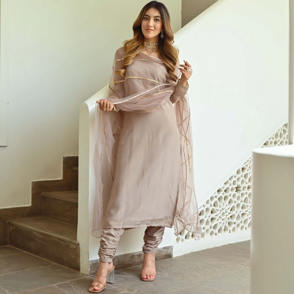 BEIGE SILK KURTA SET