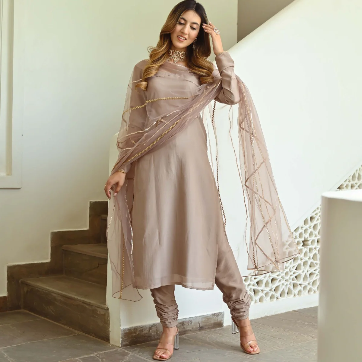 BEIGE SILK KURTA SET