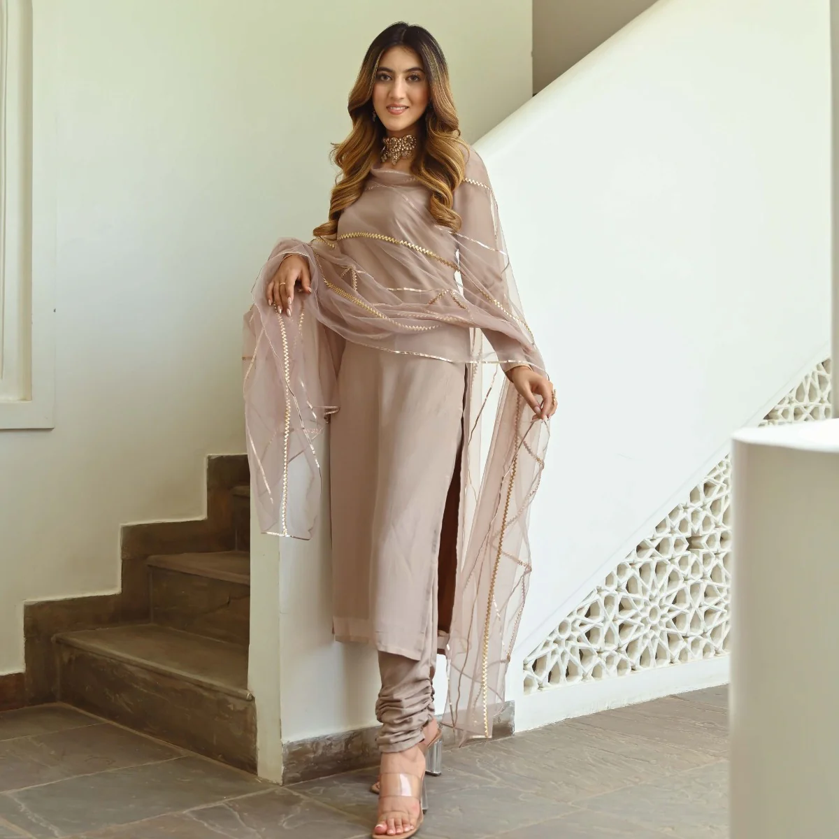 BEIGE SILK KURTA SET