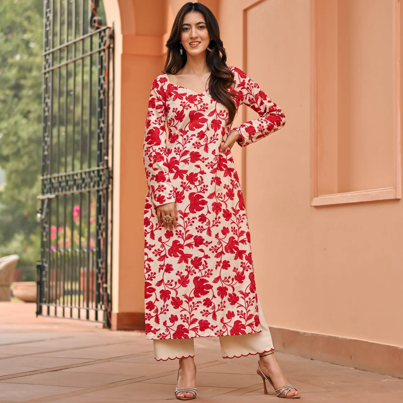 WHITE RED FLORAL KURTA SET