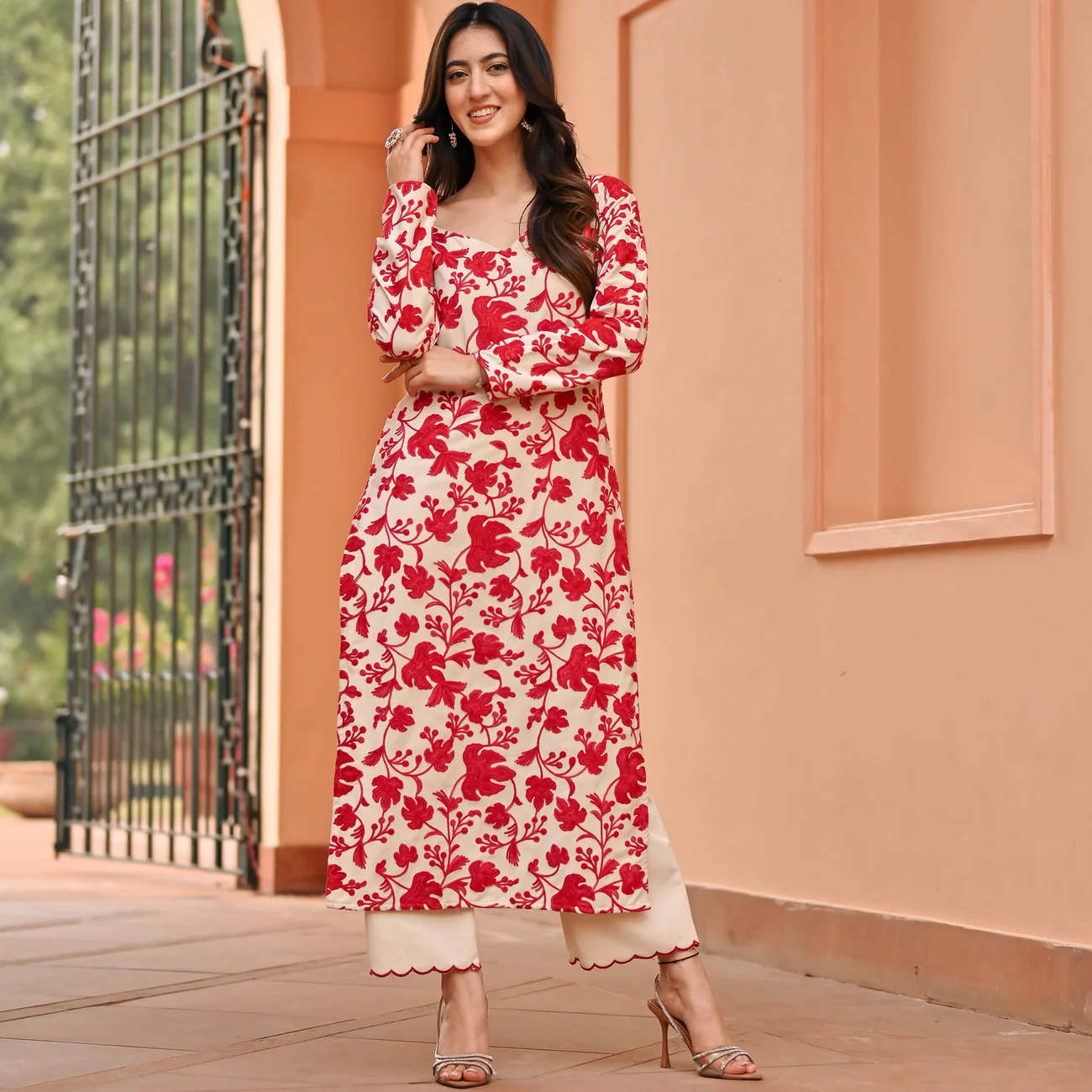 WHITE RED FLORAL KURTA SET