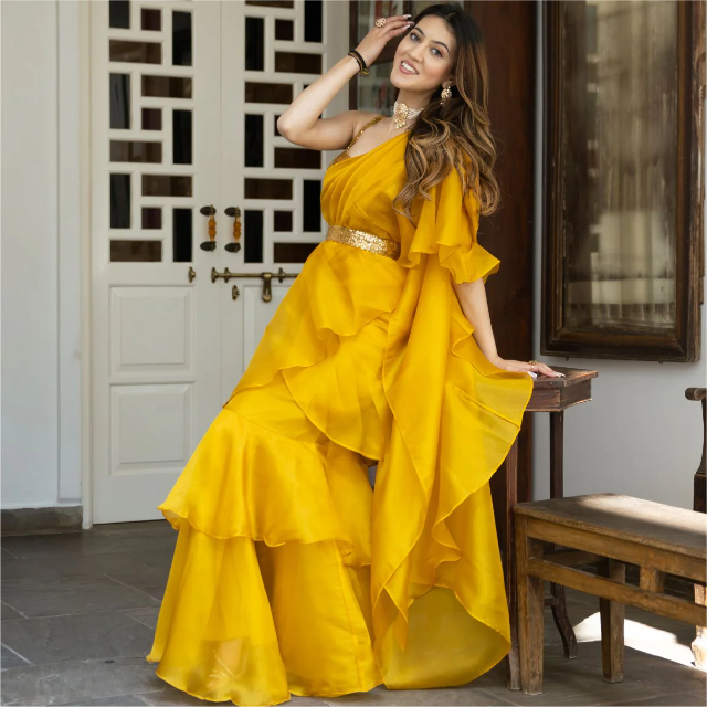 YELLOW SEQUIN ORGANZA RUFFLED SAREE