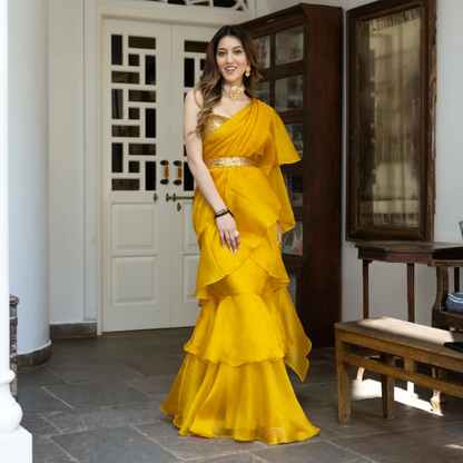 YELLOW SEQUIN ORGANZA RUFFLED SAREE