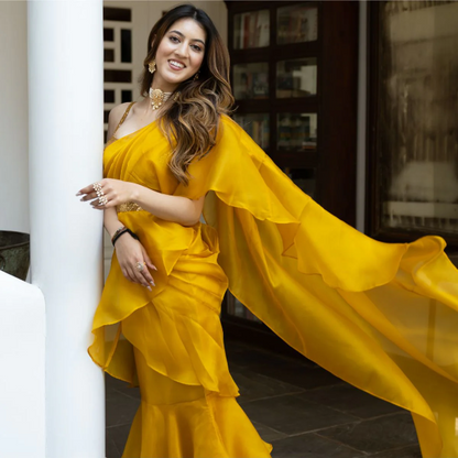 YELLOW SEQUIN ORGANZA RUFFLED SAREE