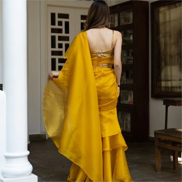 YELLOW SEQUIN ORGANZA RUFFLED SAREE