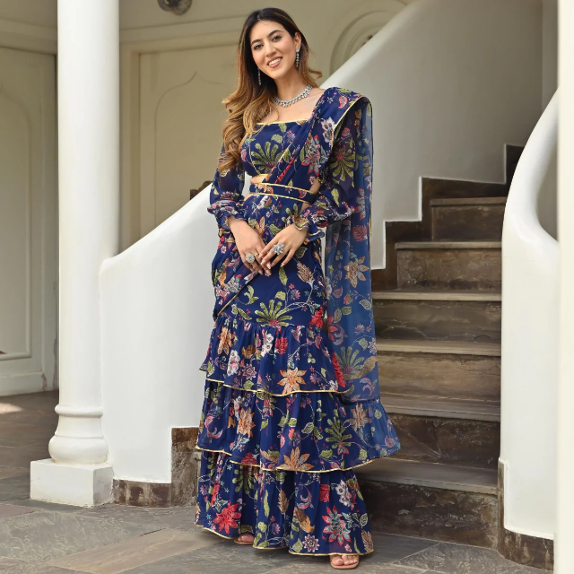 NAVY BLUE PRINTED RUFFLE SAREE