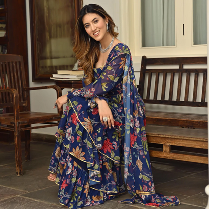 NAVY BLUE PRINTED RUFFLE SAREE